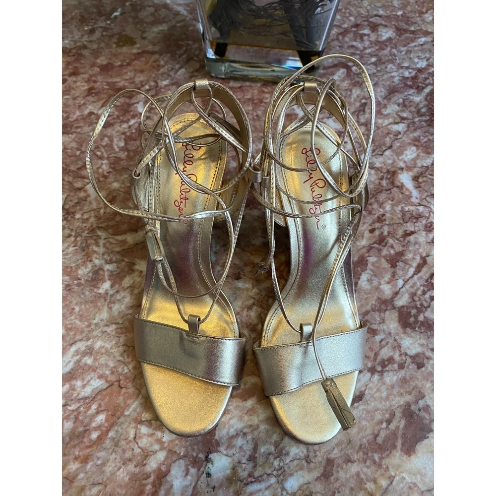 New Lilly Pulitzer Aria Gold Leather Cork Wedge Lace Up Heel Sandals Sz 6M, $198